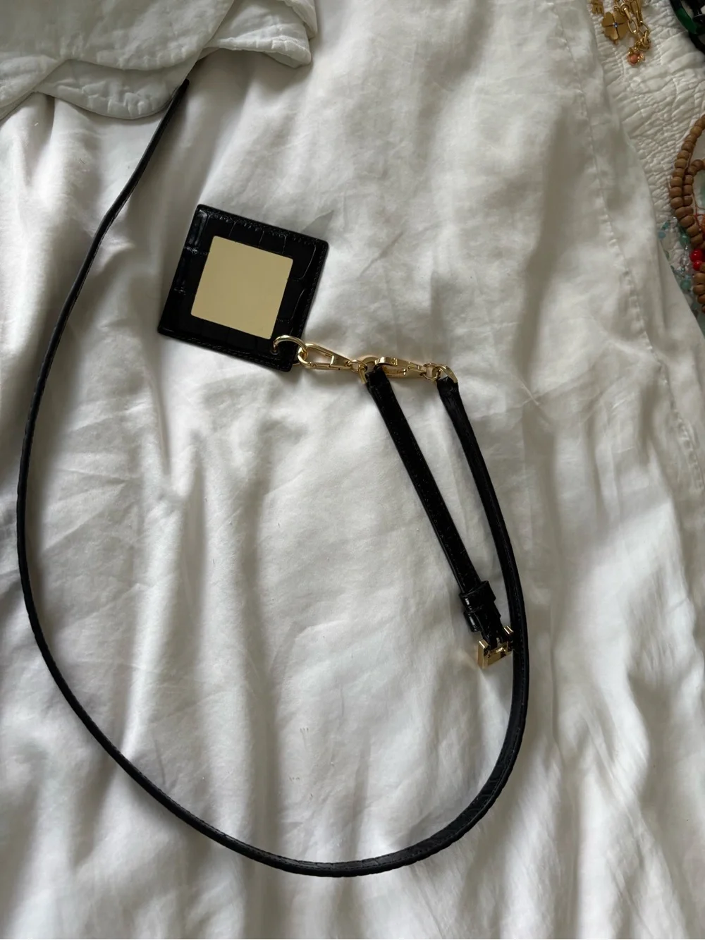 Tory Burch Black Croc-Embossed Belt with Square Mirror Charm M/L